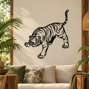 Leaping tiger wall decal, black outline roaring tiger graphic