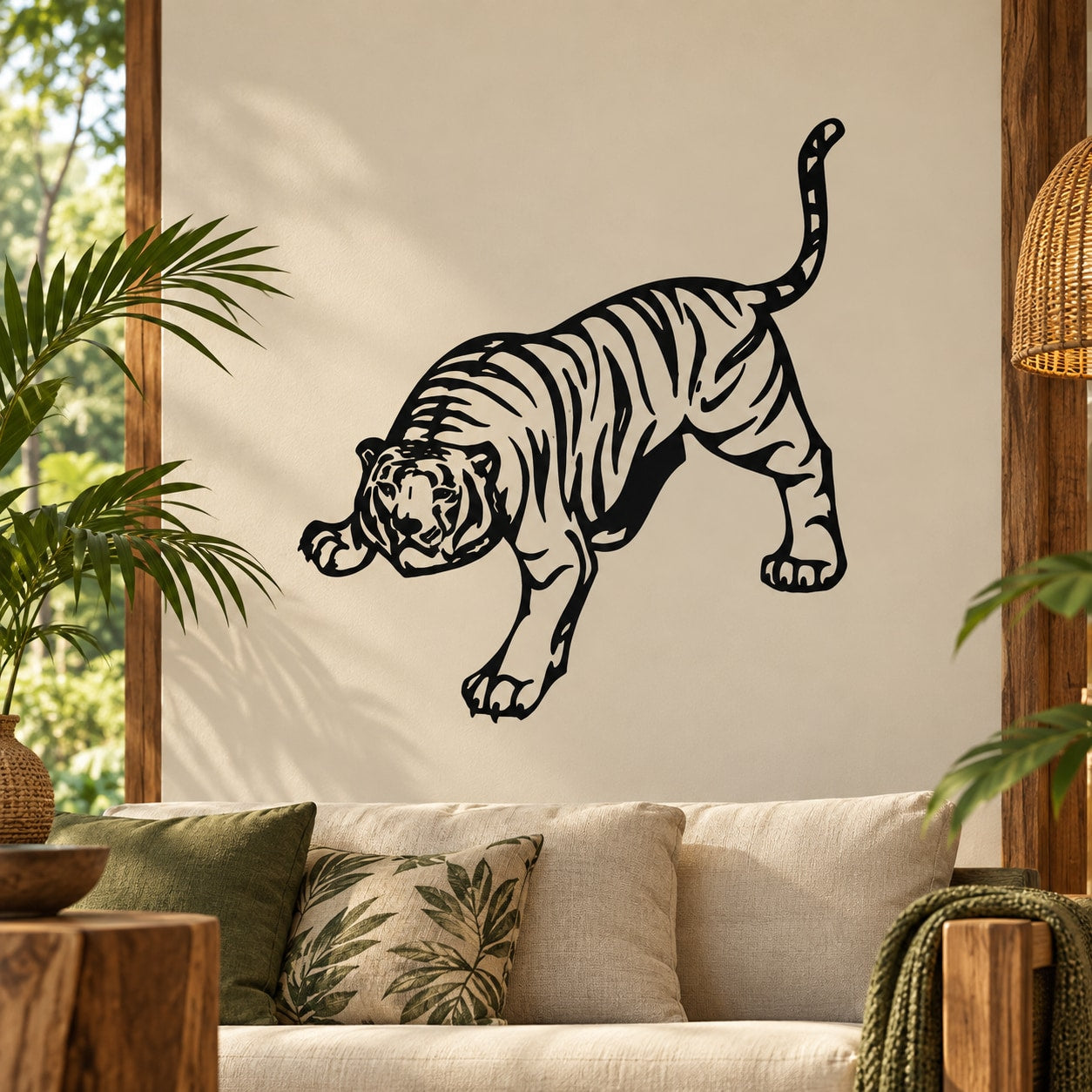 Leaping tiger wall decal, black outline roaring tiger graphic