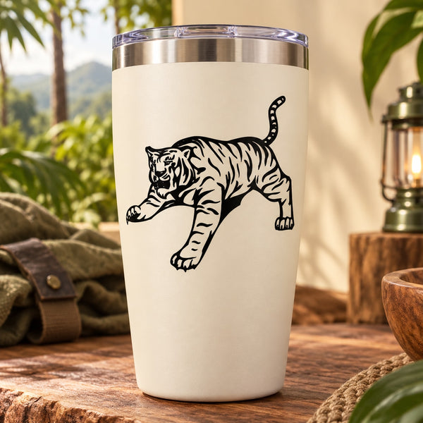 Leaping tiger decal on white tumbler, black line art