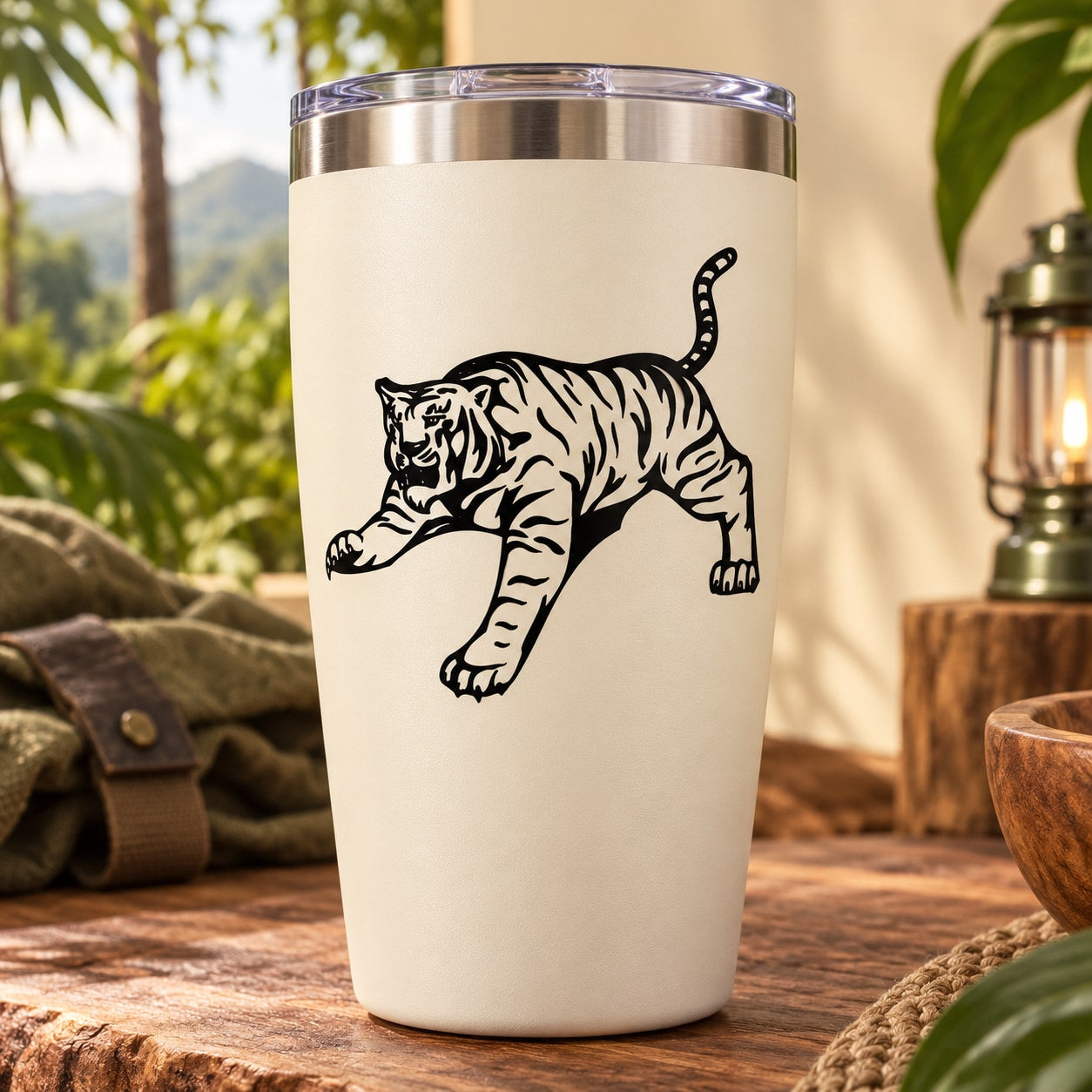 Leaping tiger decal on white tumbler, black line art