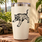 Leaping tiger decal on white tumbler, black line art