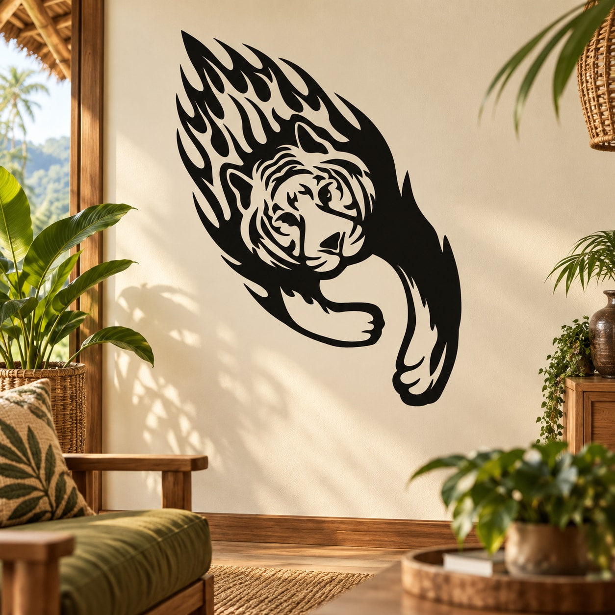 Tiger face wall decal, black and white flame style