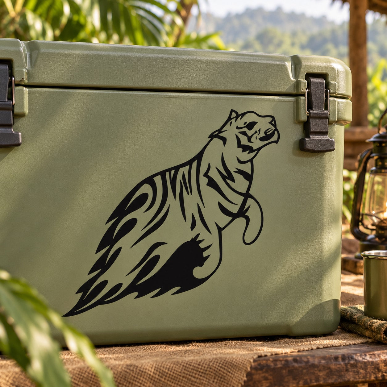 Tiger decal sticker with roaring tiger graphic in black on light cooler