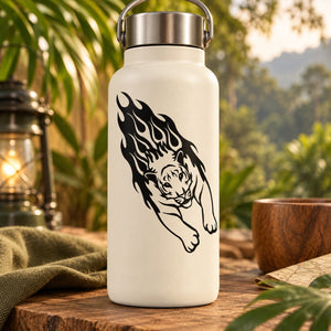 Black tiger head decal on white drink bottle with carry handle