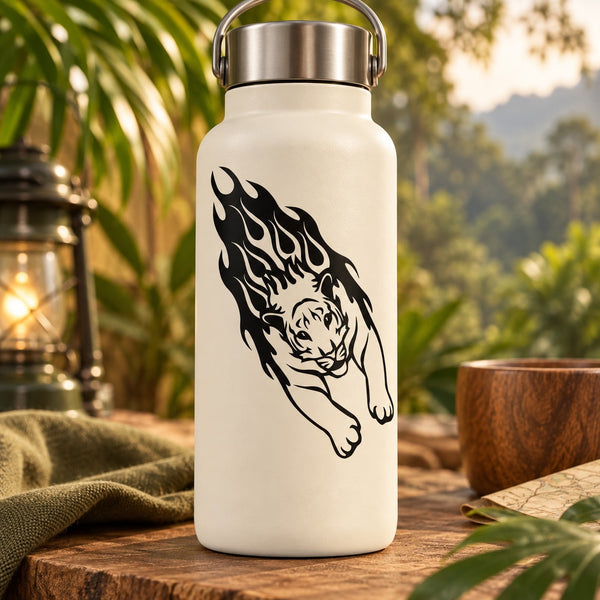 Black tiger head decal on white drink bottle with carry handle