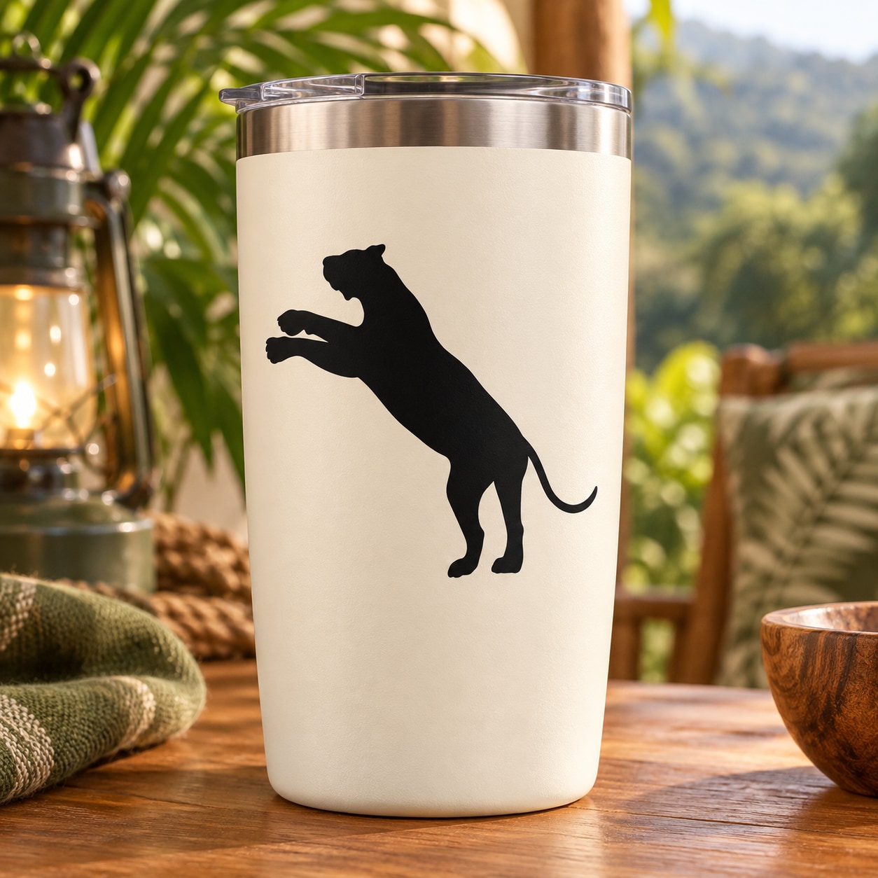 Leaping tiger decal on white tumbler, black silhouette