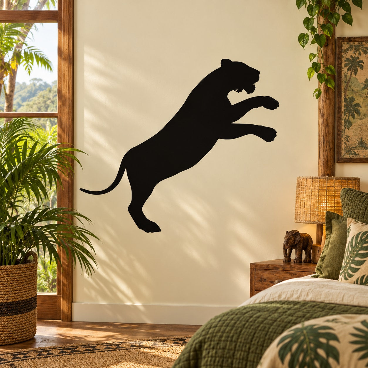 Black pouncing tiger silhouette wall decal