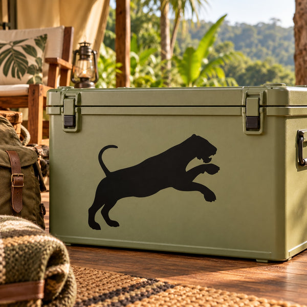 Black tiger silhouette decal sticker on light green metal surface