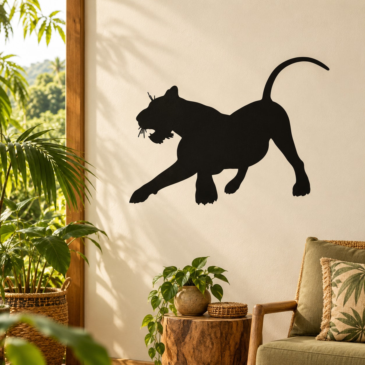 Black tiger silhouette wall decal in defensive stance, tail raised