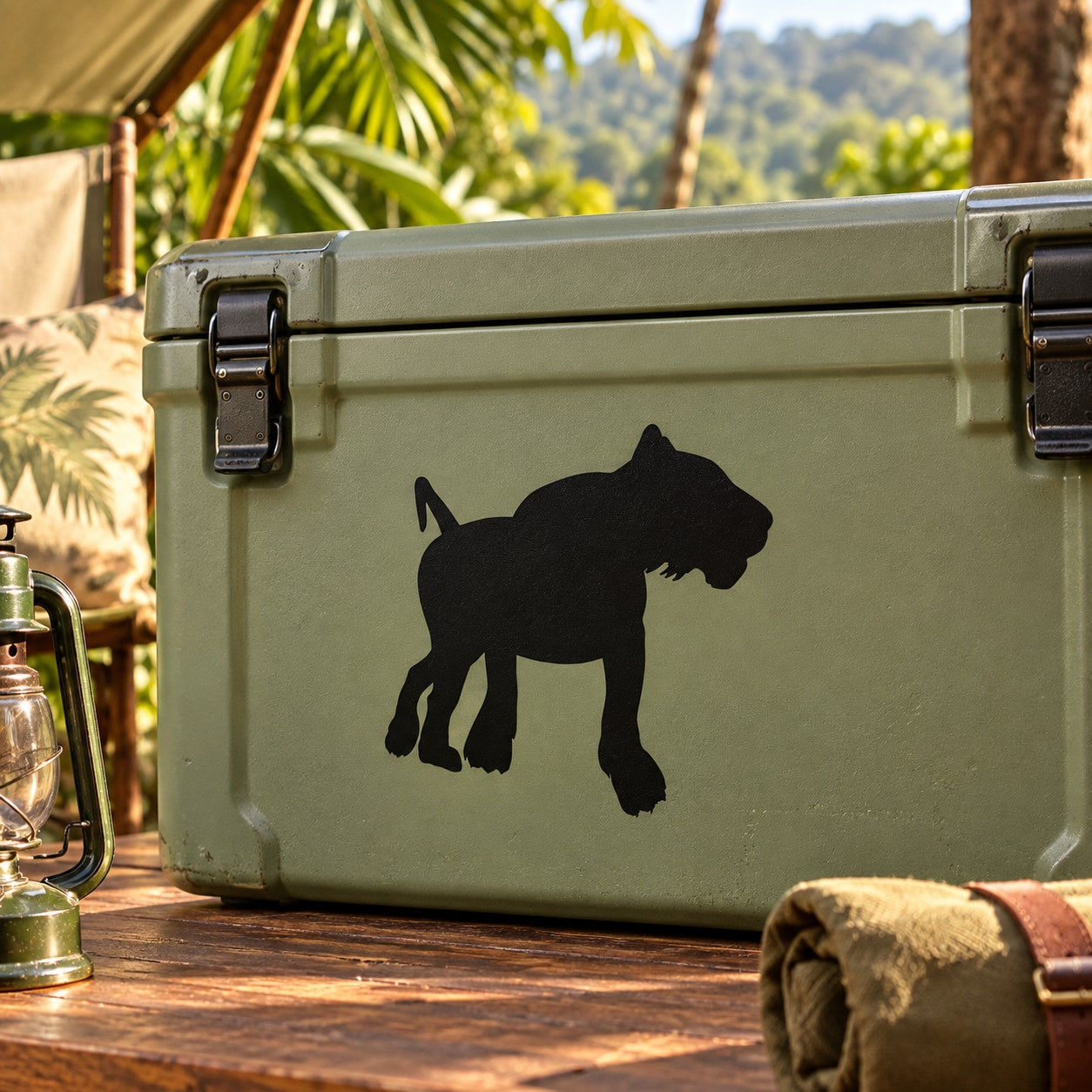 Tiger turning decal with black tiger silhouette on a light green surface