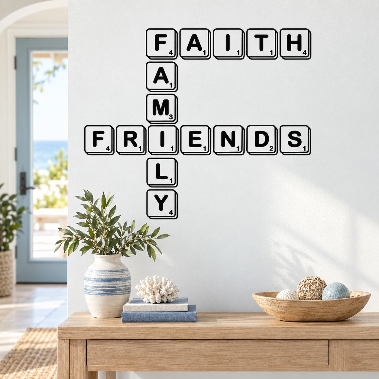 Wall decal with block letter tiles reading FAITH, FAMILY, and FRIENDS