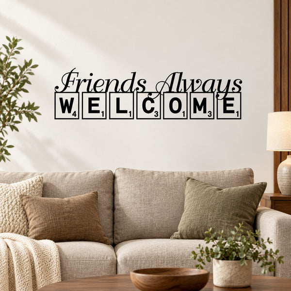 Tile wall decal with 'Friends Always Welcome' lettering in black and white squares