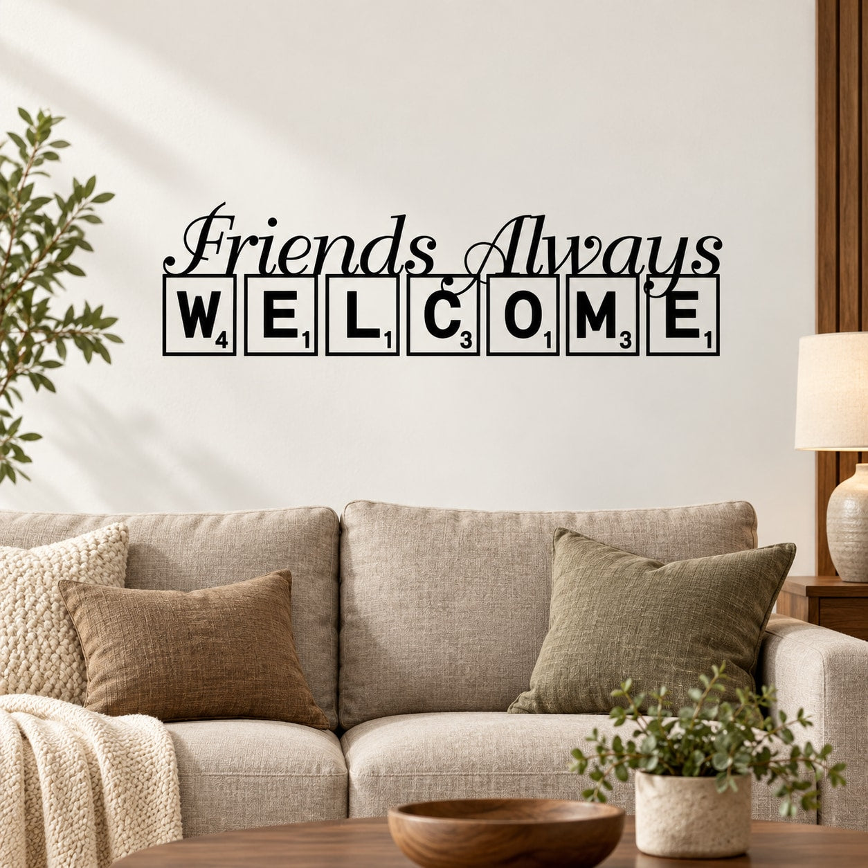 Tile wall decal with 'Friends Always Welcome' lettering in black and white squares