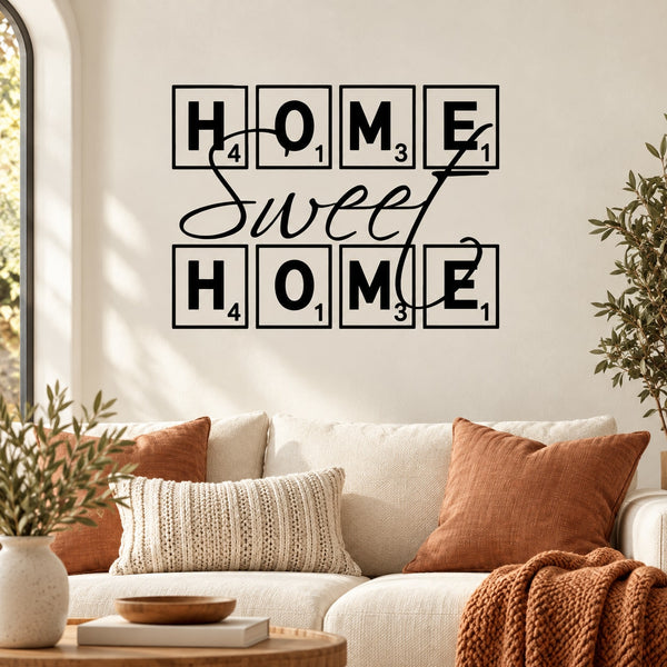Wall tile quote: 'Home Sweet Home' in black and light letter tiles