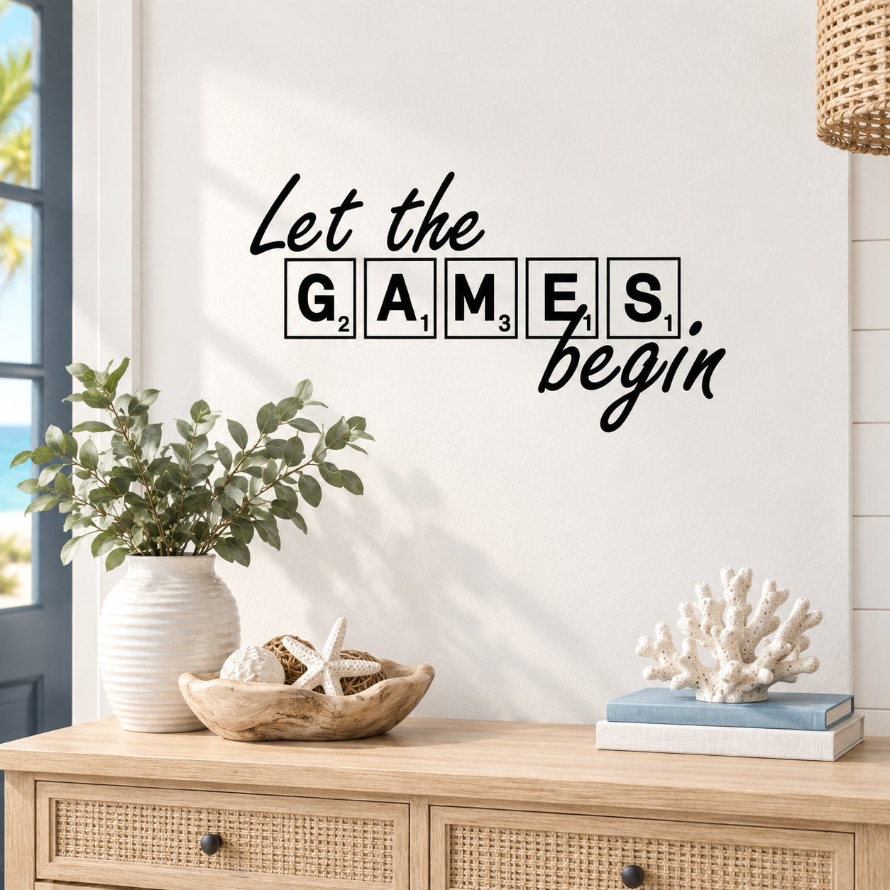 Wall decal: "Let the games begin" lettering in outlined letter boxes