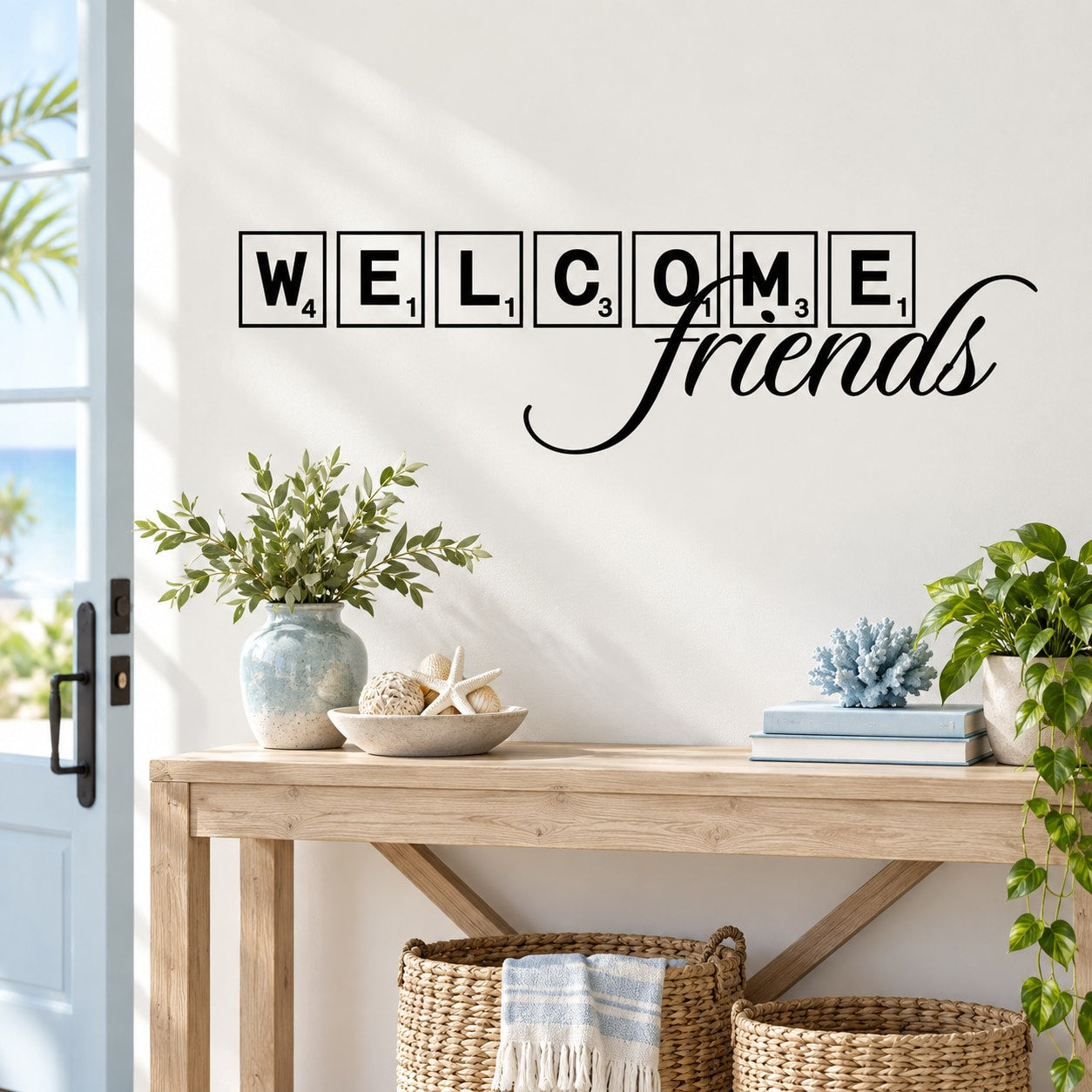 Welcome Friends tile-letter and script wall decal, black and white lettering
