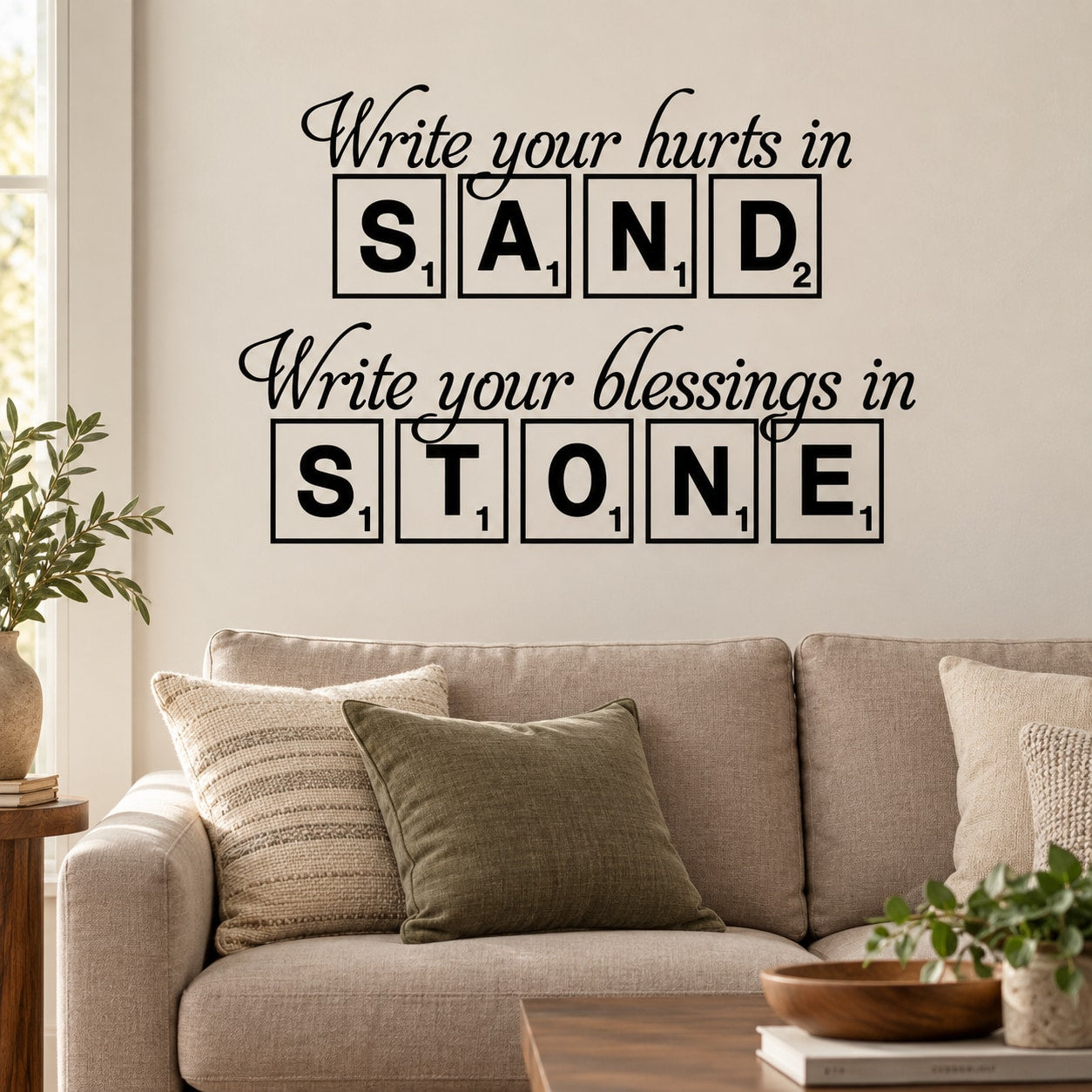 Wall decal with cursive quote: write your hurts in sand and blessings in stone.