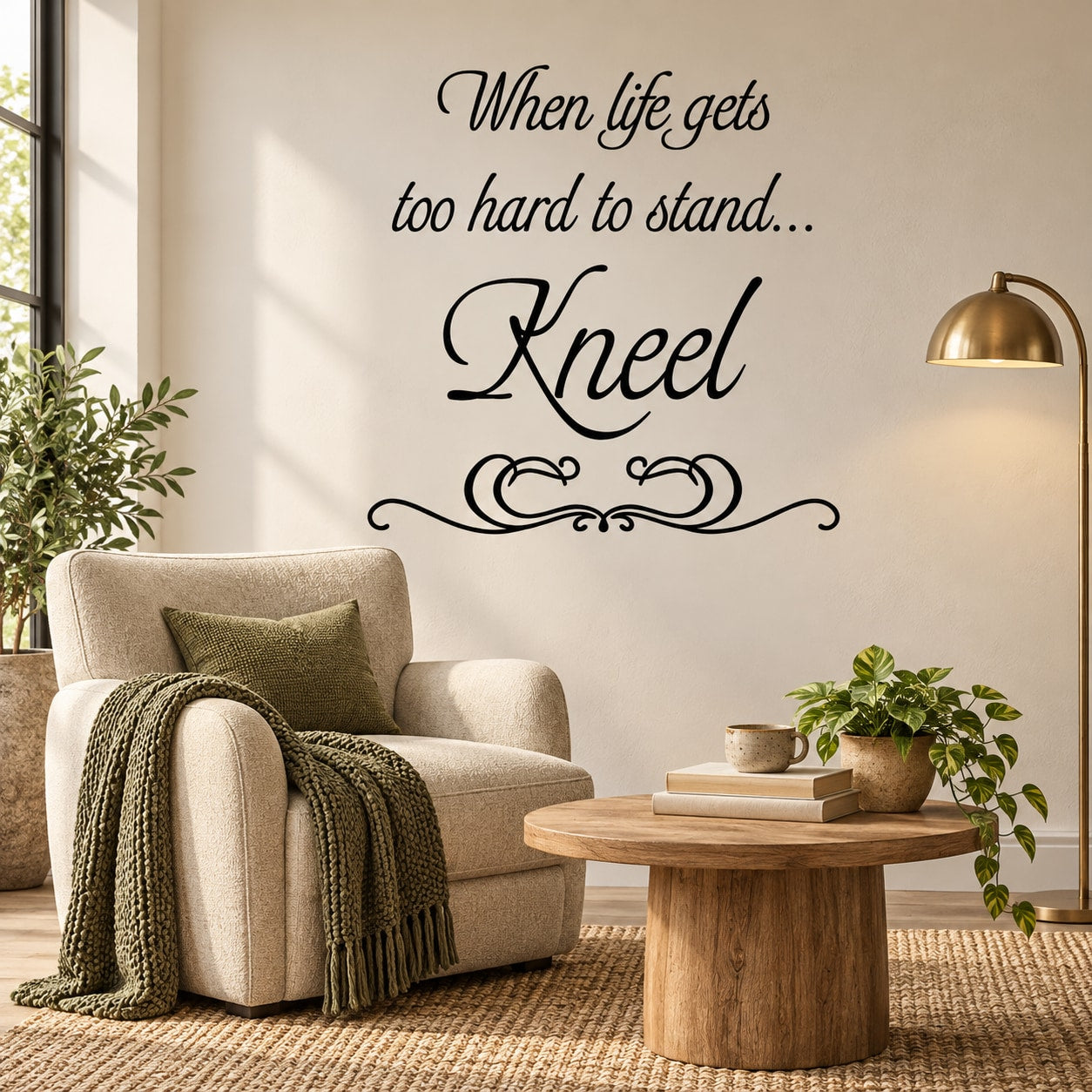 Inspirational wall decal with quote “When life gets too hard to stand... Kneel”