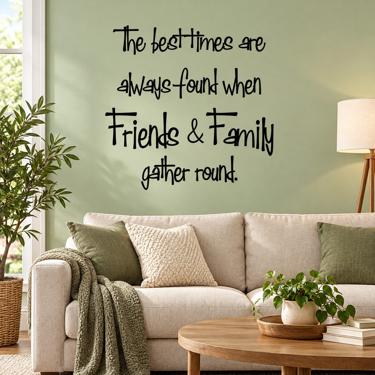 Wall quote decal with black script lettering: “The best times are always found when friends & family gather round.”