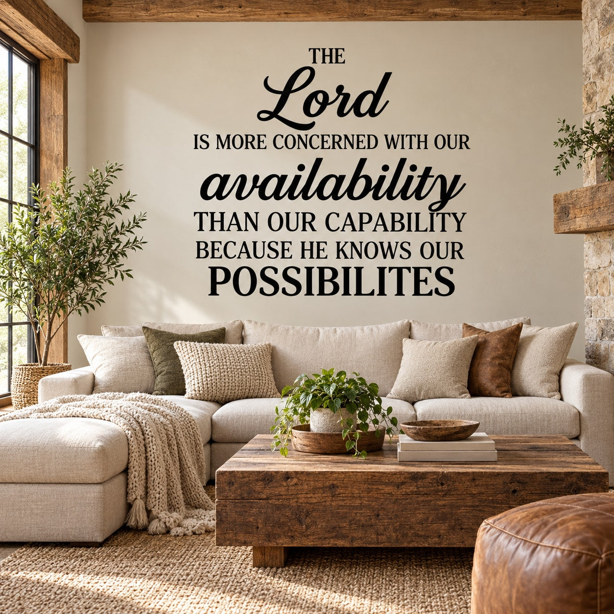 Black wall decal with script "The Lord" and quote about availability and possibilities
