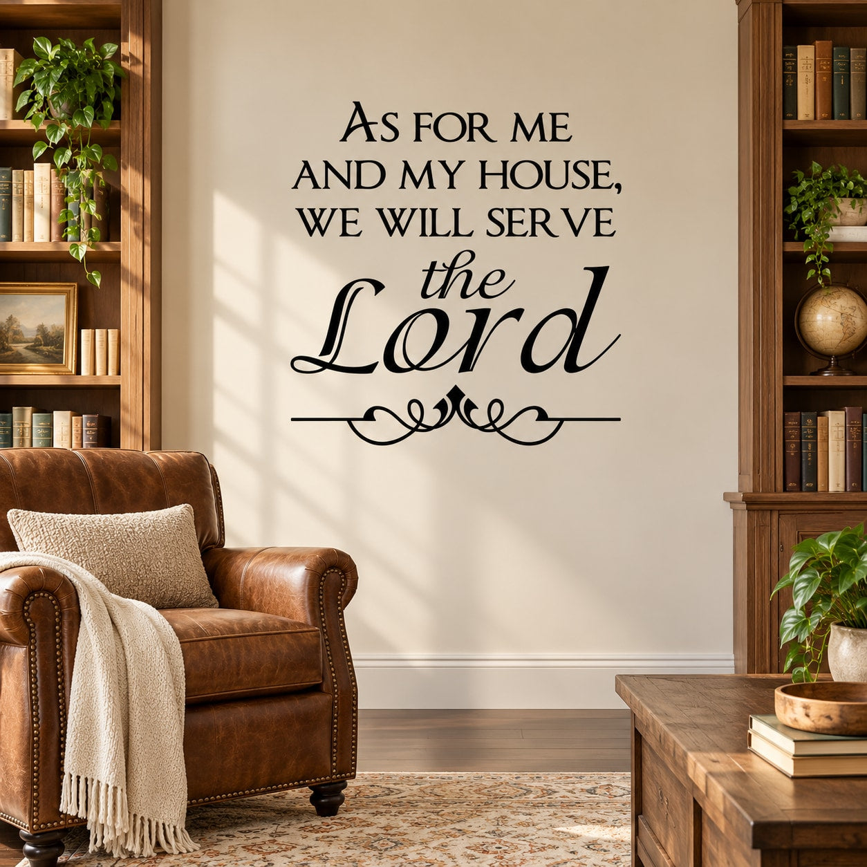 Religious wall decal with scripture text "As for me and my house" and "serve the Lord"