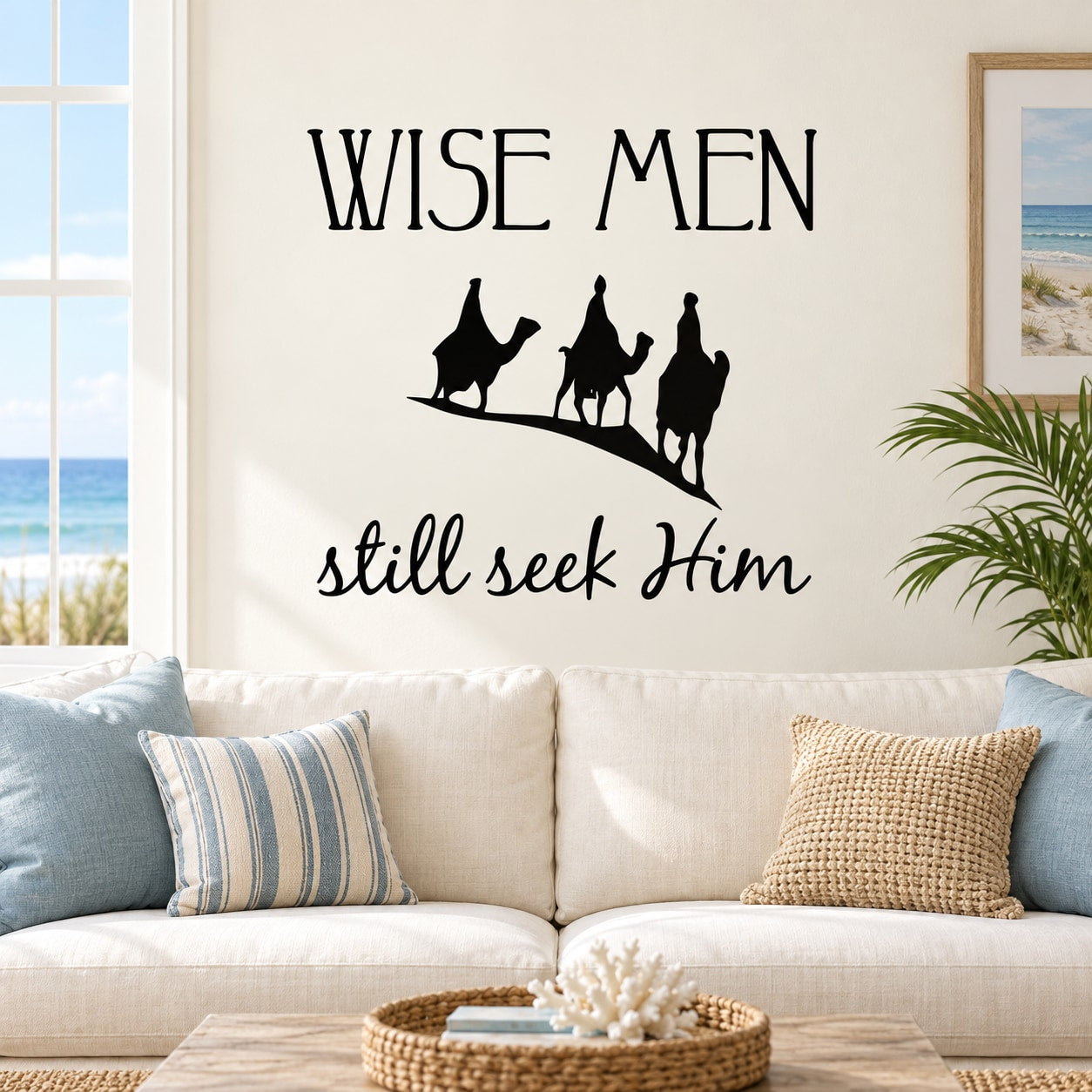 Wise Men wall decal with black camel silhouettes and text "WISE MEN" "still seek Him"