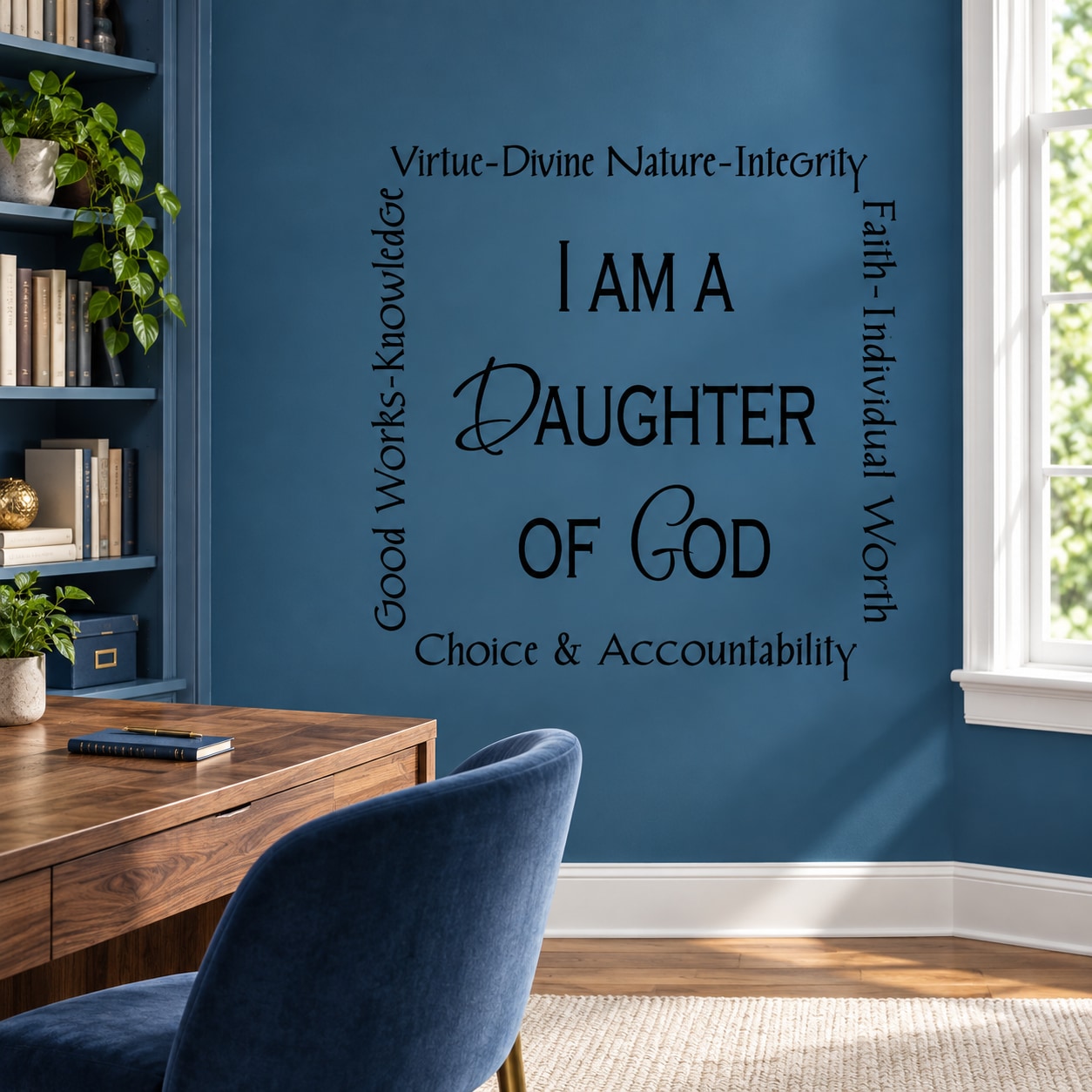 Religious word collage wall decal with "I AM A DAUGHTER OF GOD" and surrounding text