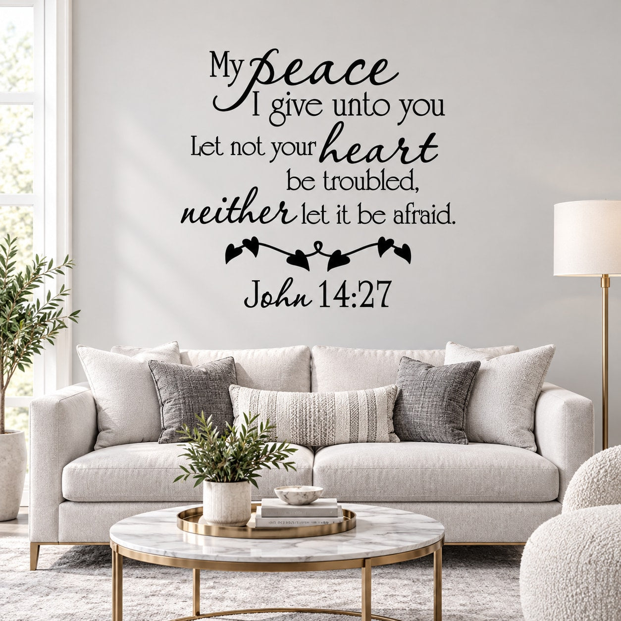 Peace quote wall decal with decorative script lettering and John 14:27
