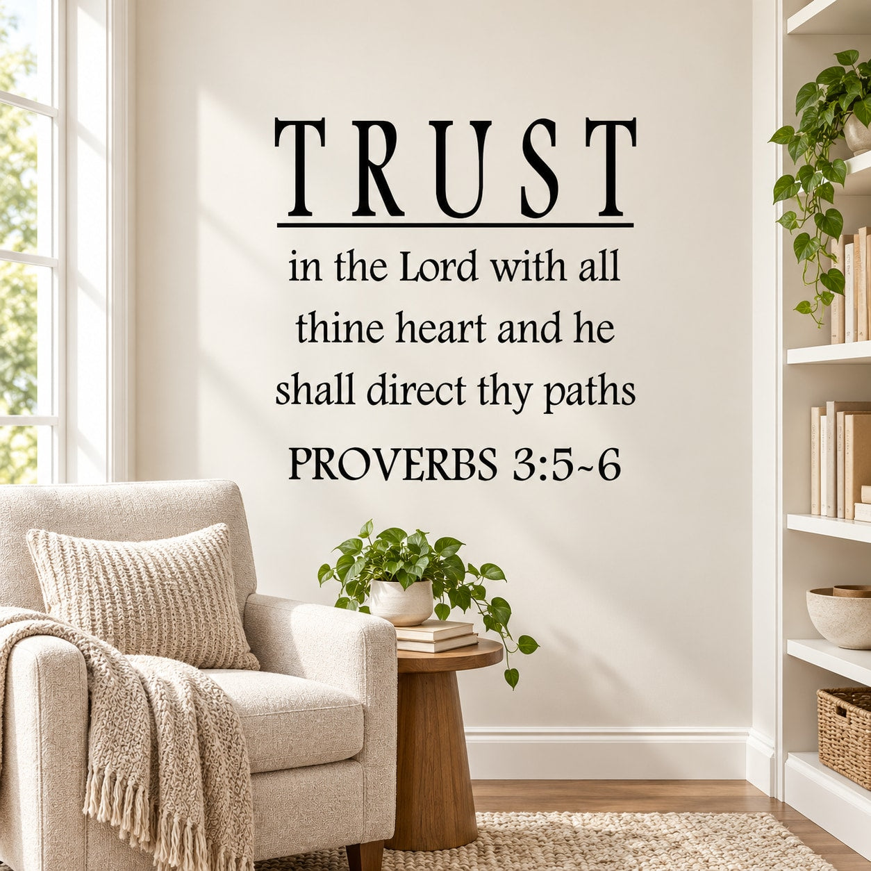 Wall decal with “Trust in the Lord...” scripture text and “Proverbs 3:5–6”