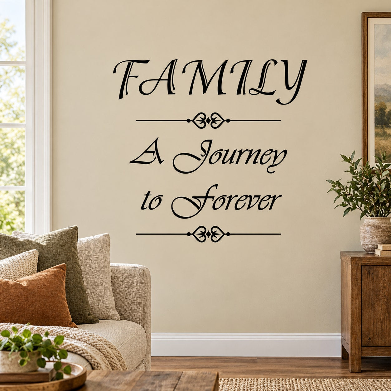 Wall decal with ornate script: Family, A Journey to Forever, with decorative divider lines