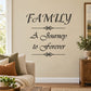 Wall decal with ornate script: Family, A Journey to Forever, with decorative divider lines
