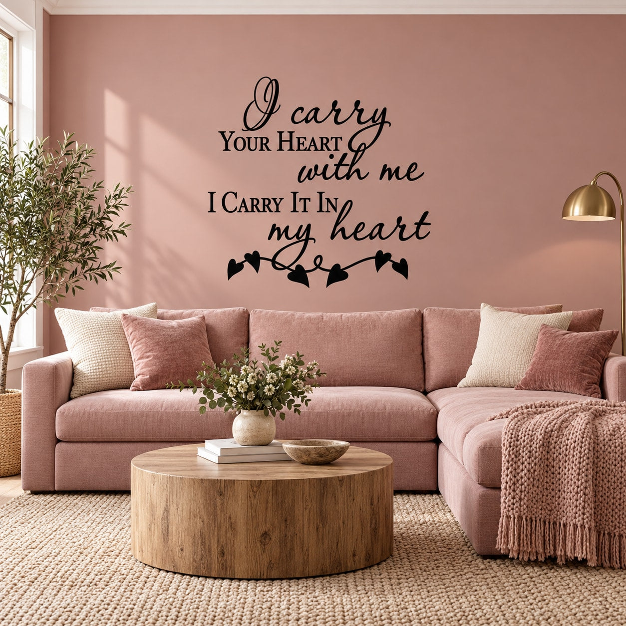 Wall decal with romantic heart quote and small rose silhouettes
