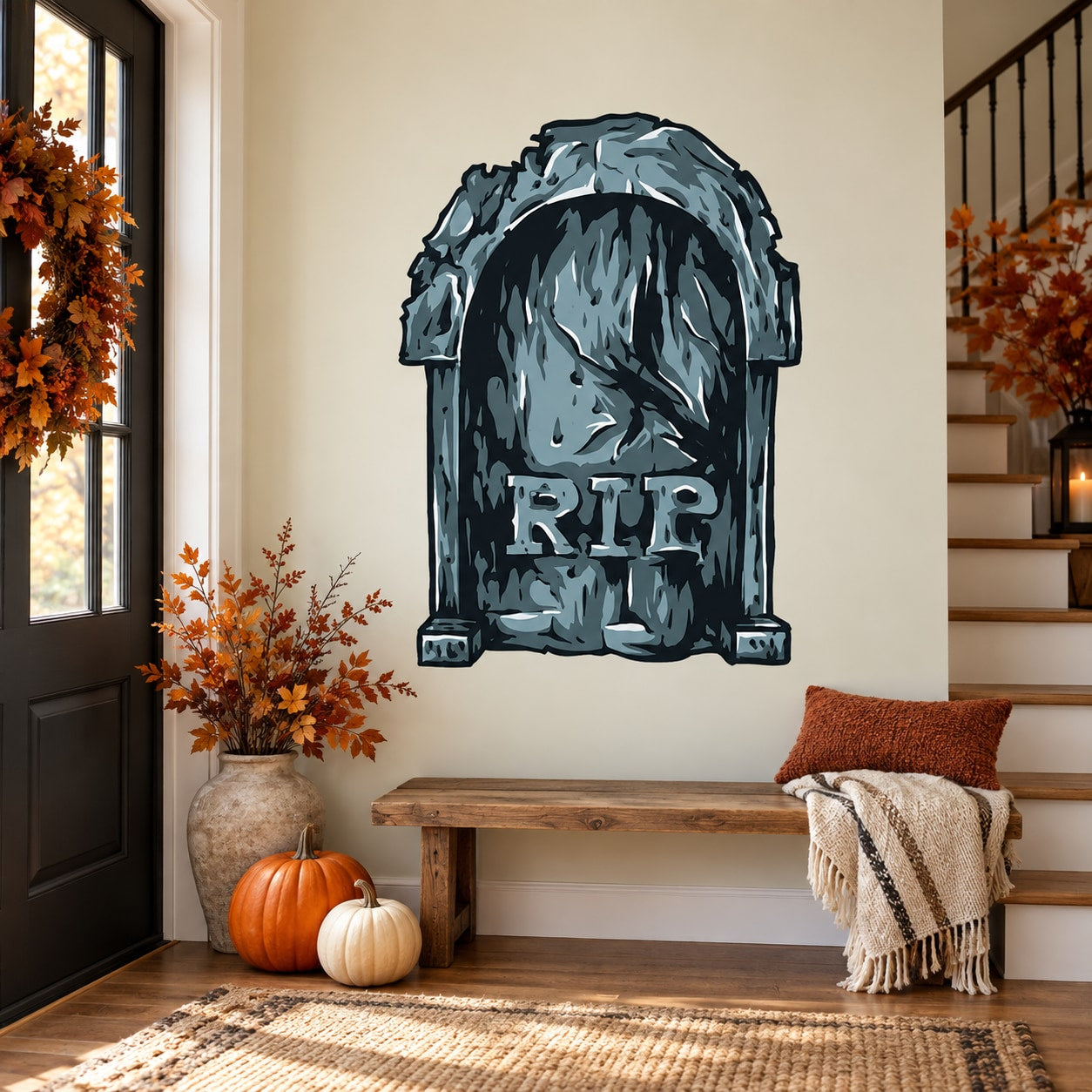 RIP tombstone sticker: dark gray grave marker with cracked texture and 'RIP' lettering