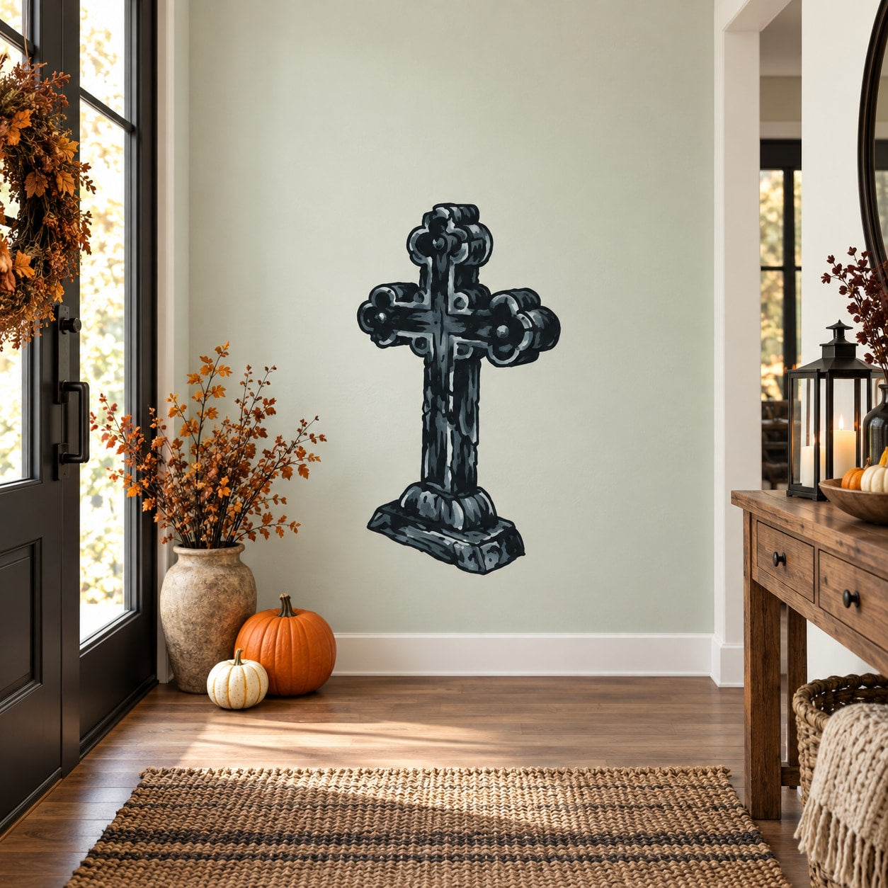 Ornate cross headstone sticker with dark decorative cross design