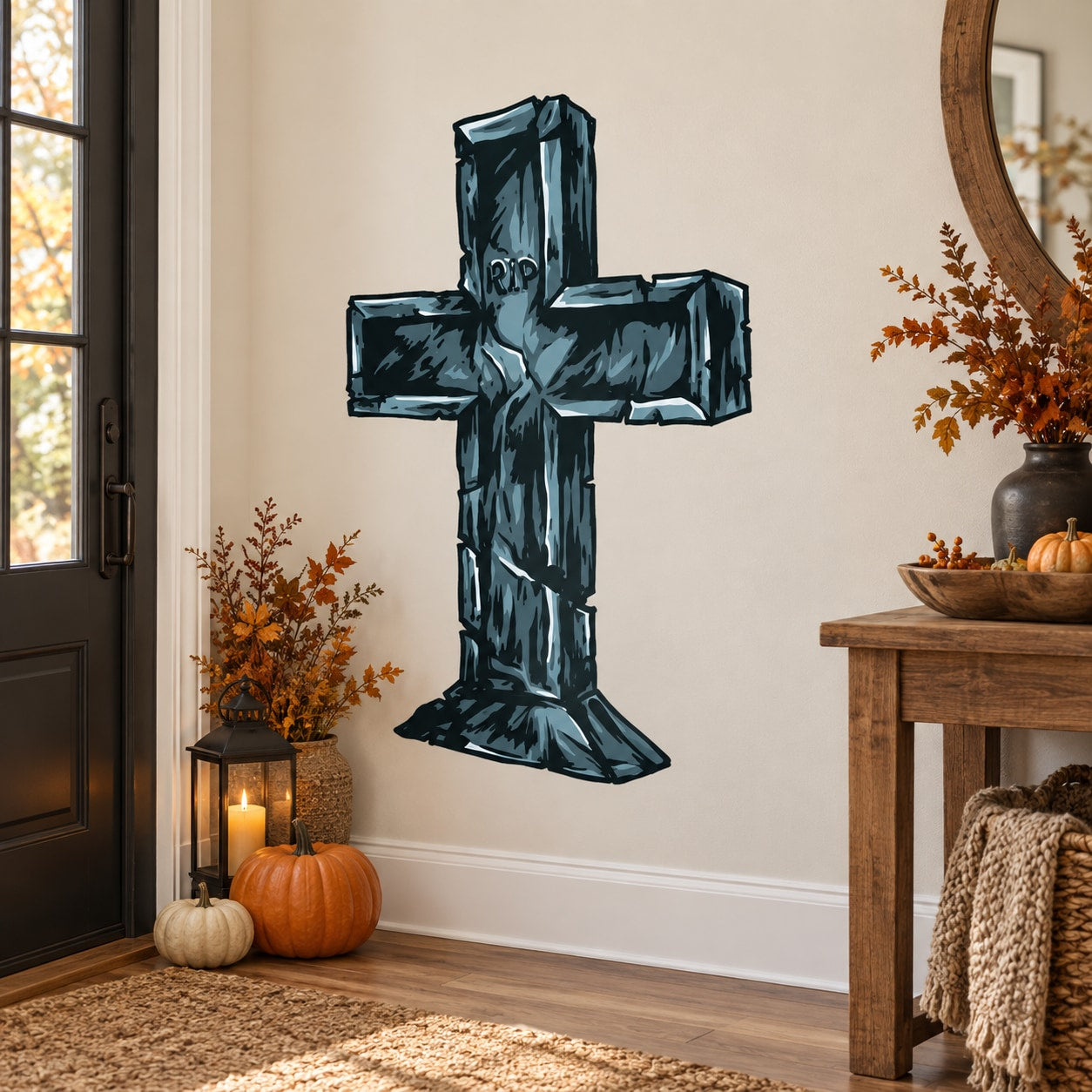 Cross headstone sticker featuring a dark stone-style cross design for wall decoration
