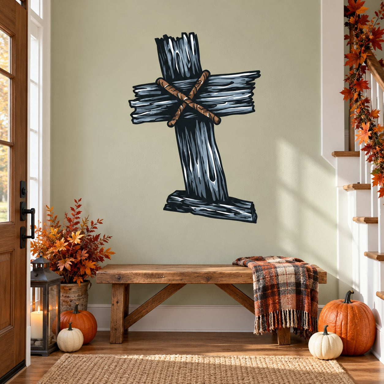 Ornate cross wall sticker in dark metallic with decorative ribbon-like scroll details