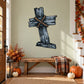 Ornate cross wall sticker in dark metallic with decorative ribbon-like scroll details