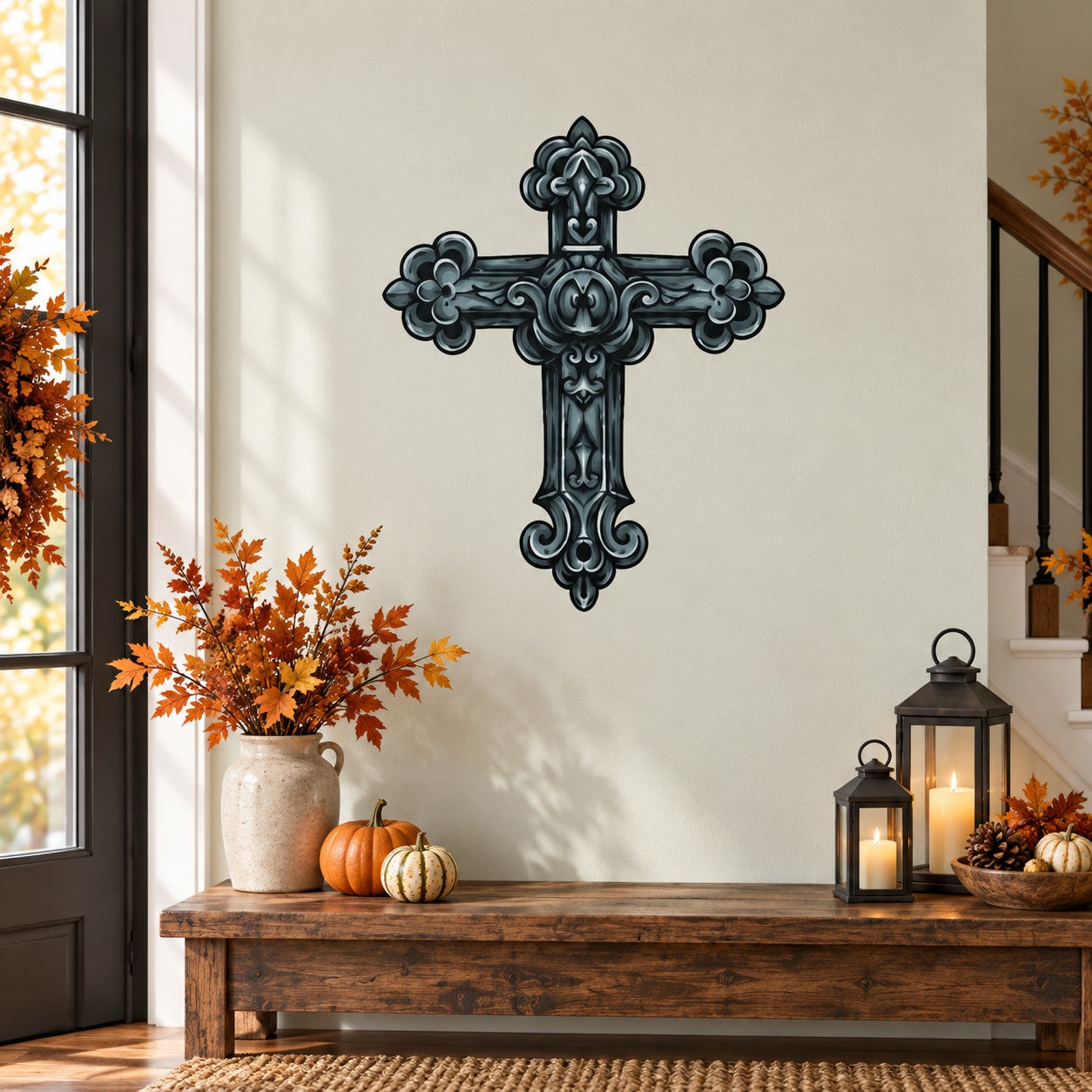 Ornate cross printed die-cut wall decal, dark teal with floral accents