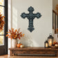 Ornate cross printed die-cut wall decal, dark teal with floral accents