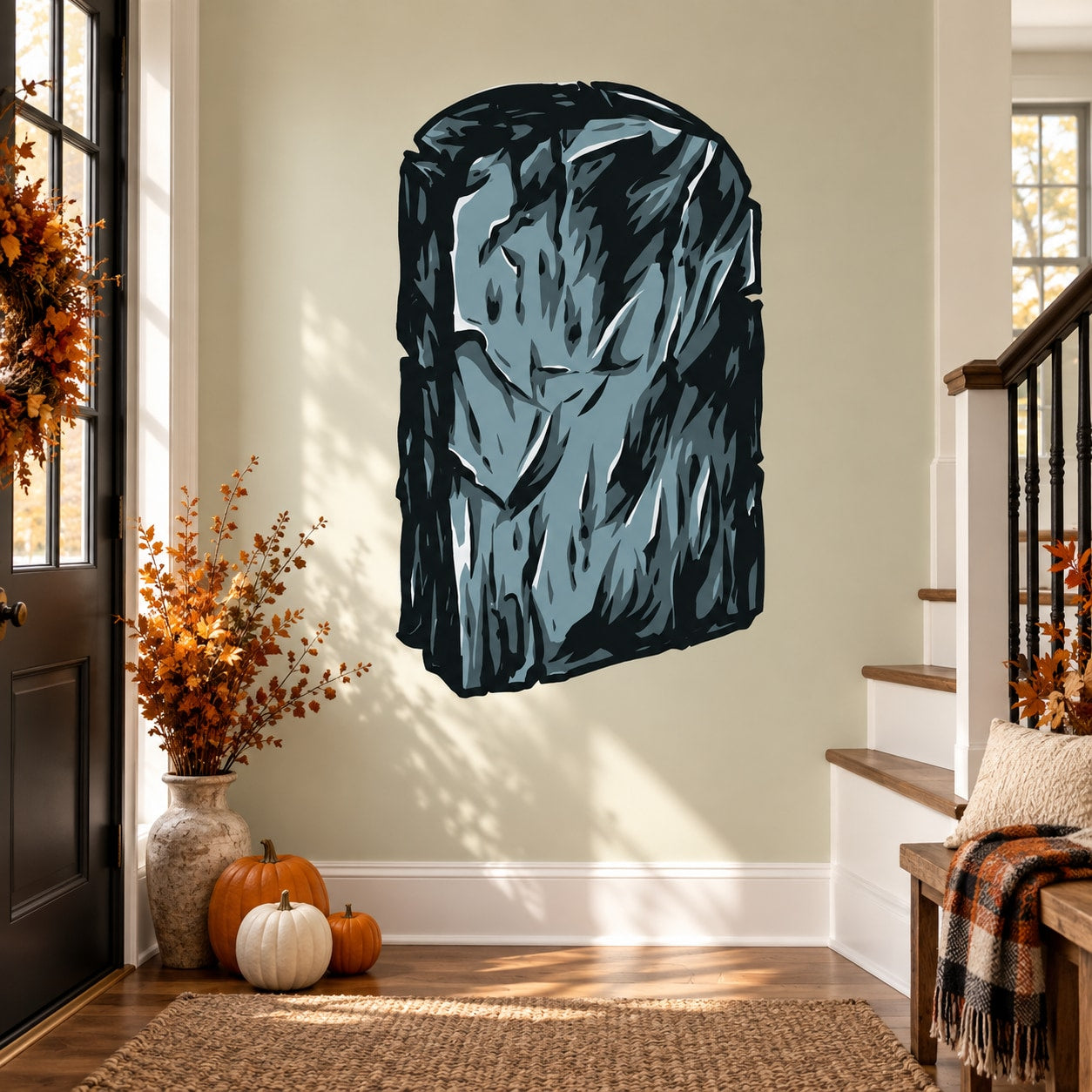 Dark tombstone wall sticker with gray distressed texture, Halloween-style design
