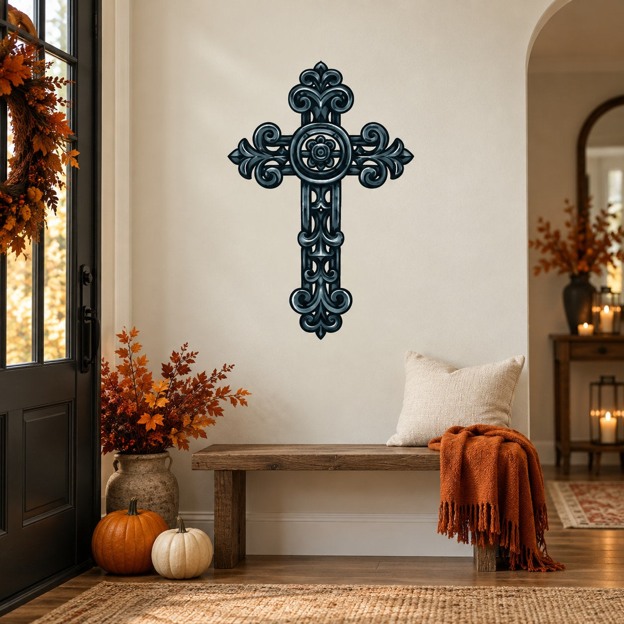 Ornate blue iron cross decal with scrollwork center and decorative arms