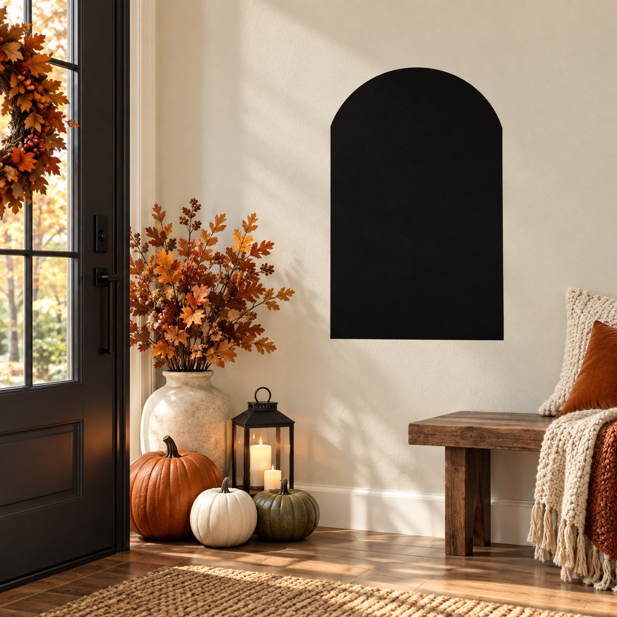 Black rounded-top tombstone decal with arched head silhouette for wall
