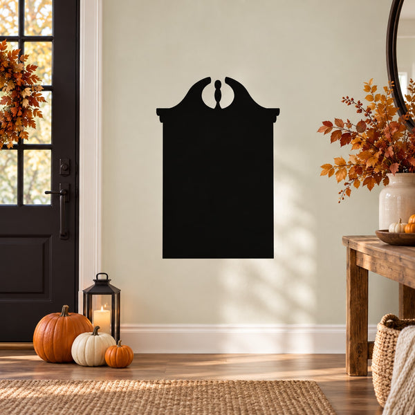 Black tombstone wall decal with ornate top emblem