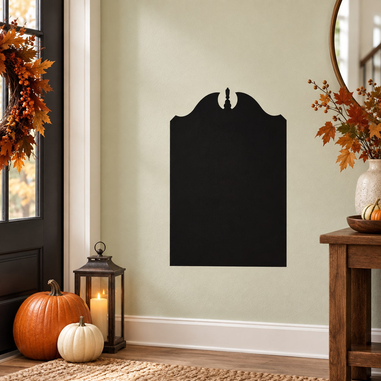 Black tombstone wall decal with silhouette candle ornament, Halloween house decor