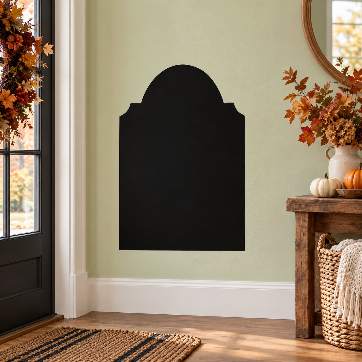 Curved-top tombstone wall decal with black arched silhouette
