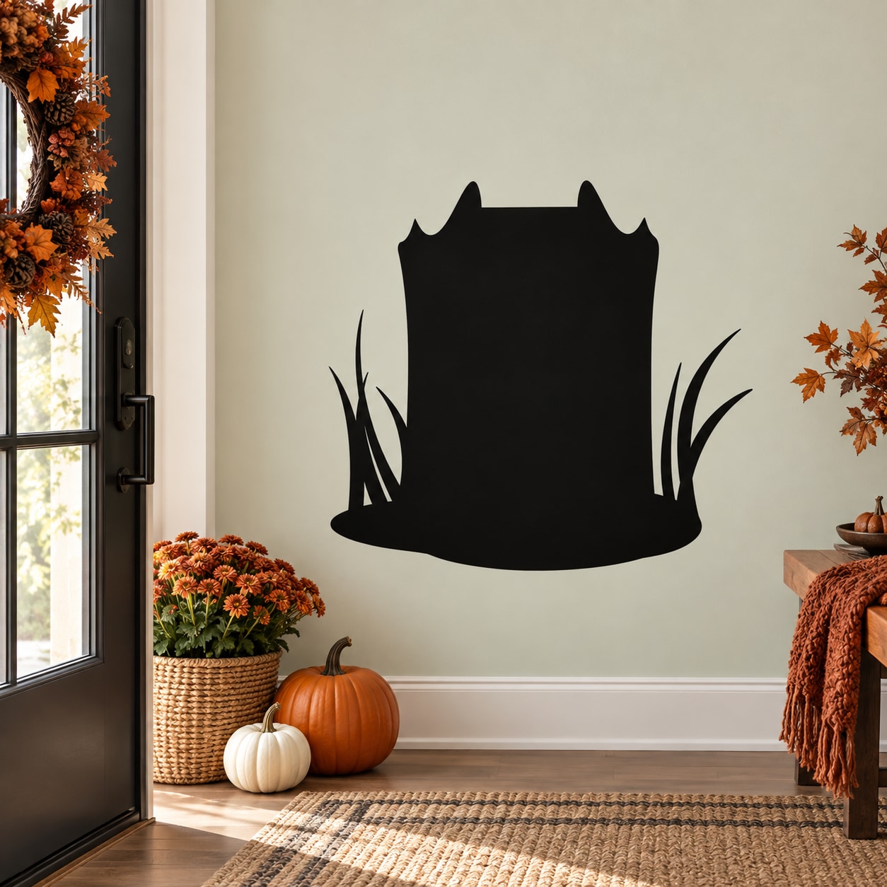 Black tombstone wall decal with two weed silhouettes on each side
