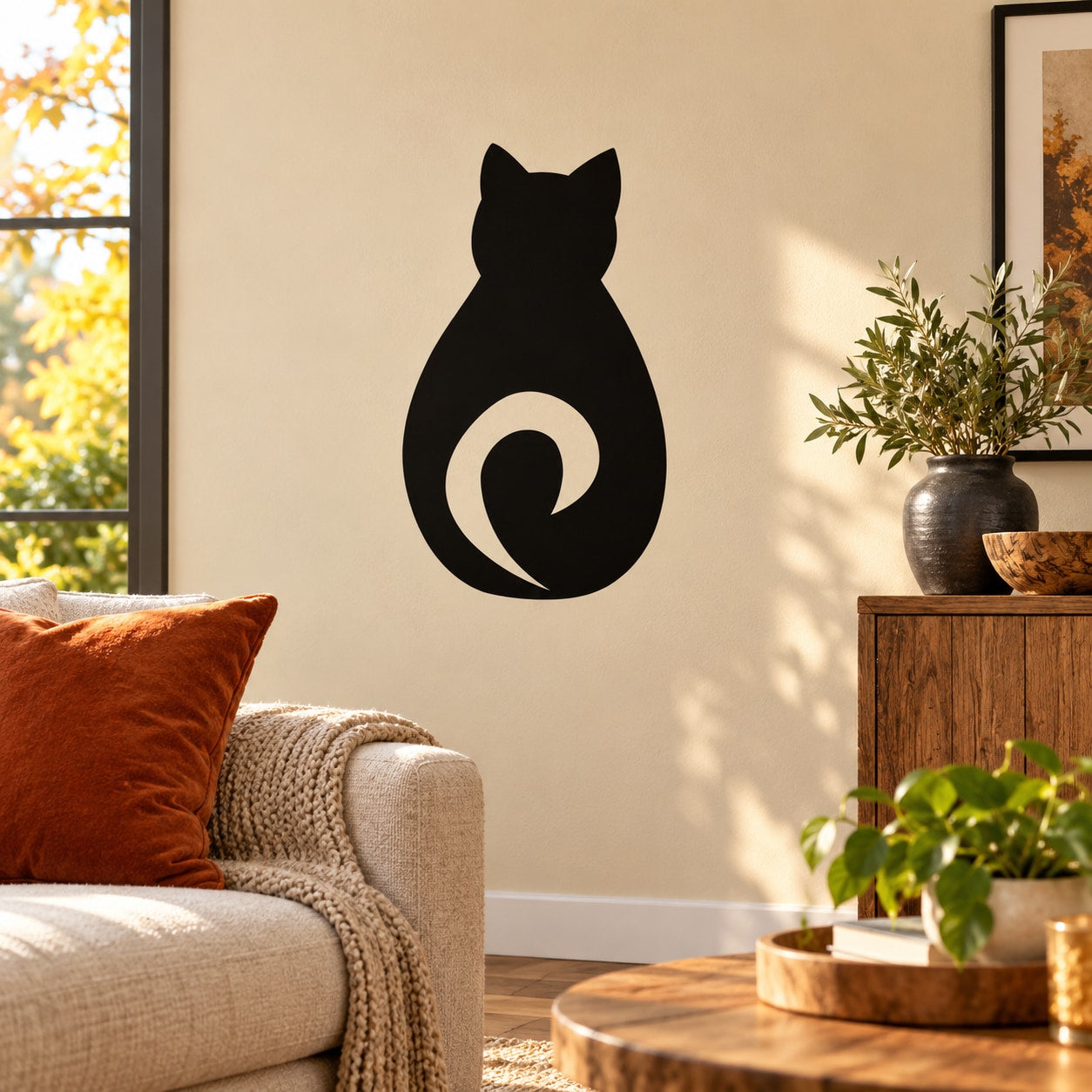 Black Halloween cat wall decal silhouette with curved tail and white belly oval