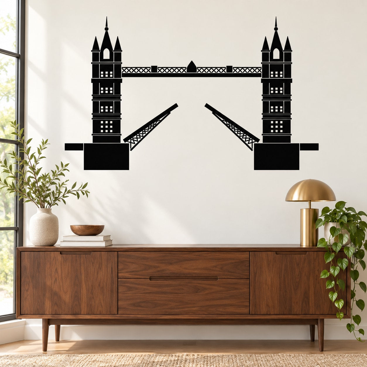 Black Tower Bridge silhouette wall decal with central suspension details and arches