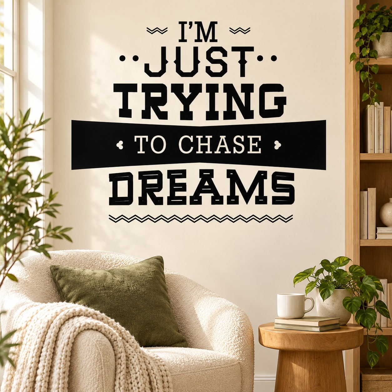 Inspirational wall decal with bold black text: I'm Just Trying to Chase Dreams