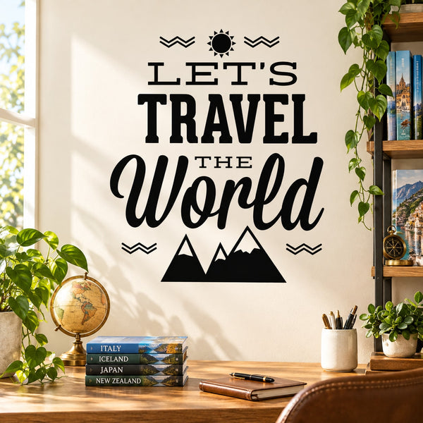 Travel world wall decal with “LET’S TRAVEL THE WORLD” text and mountain icons